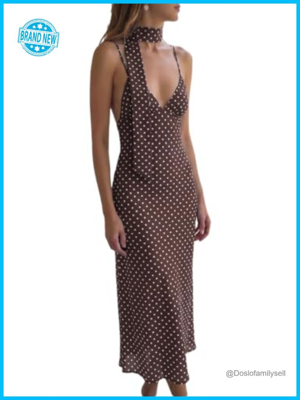 Women Chiffon V-Neck Backless Polka Dot Maxi Dress
